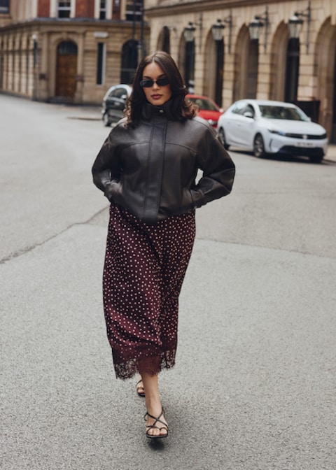 Simply Be Burgundy Spot Satin Midaxi Skirt With Lace Trim