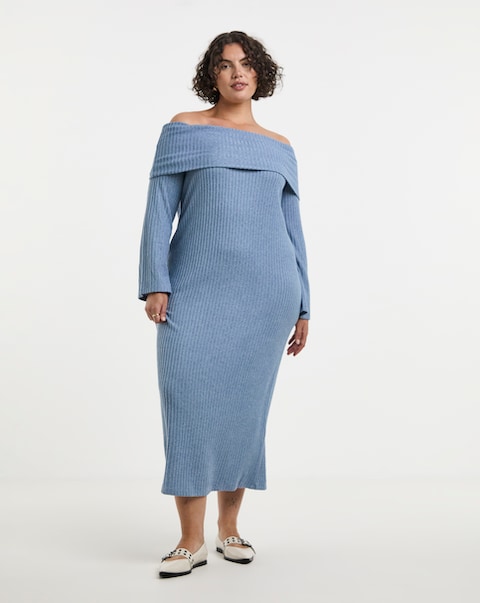 Blue Cosy Rib Bardot Maxi Dress