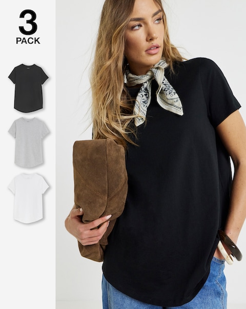 Black, White & Grey 3 Pack Pure Cotton Curved Hem T-Shirts