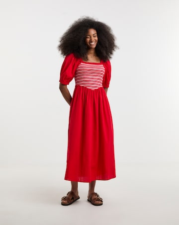 Red Shirred Dress