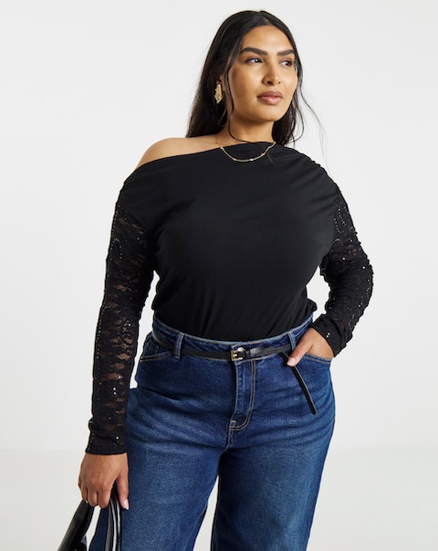 Simply Be Black Lace Sequin Sleeve Off The Shoulder Top