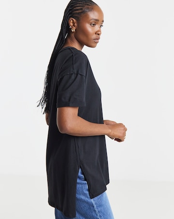 Black Oversized Exposed Seam Pure Cotton V Neck T-Shirt