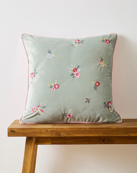 Floral Embroidered Velvet Cushion