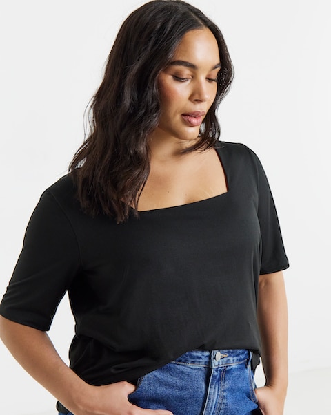 Simply Be Black Half Sleeve Square Neck Top