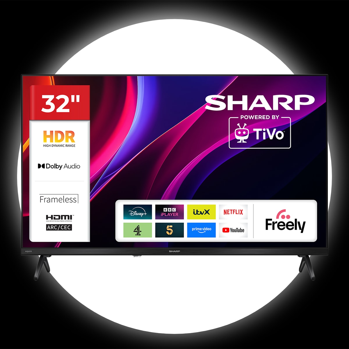 A 32-inch Sharp TV powered by TiVo, displaying various streaming app logos.