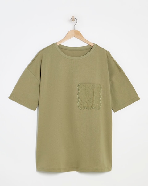 Simply Be Khaki Broderie Pocket T-Shirt