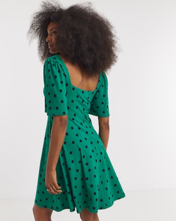 Green Spot Print Supersoft Knot Front Skater Dress
