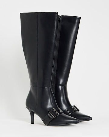 Maddox Knee Hi Heeled Pointed Toe Boots With Eyelet Straps - Wide Fit (E)