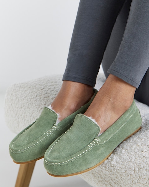Leona Suede Moccasin Slippers - Wide Fit (E)