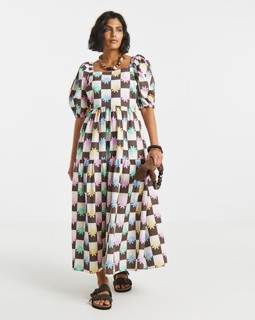 Twisted Wunder Cotton Check Floral Midaxi Dress