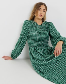Shirred Check Midi Dress - Image