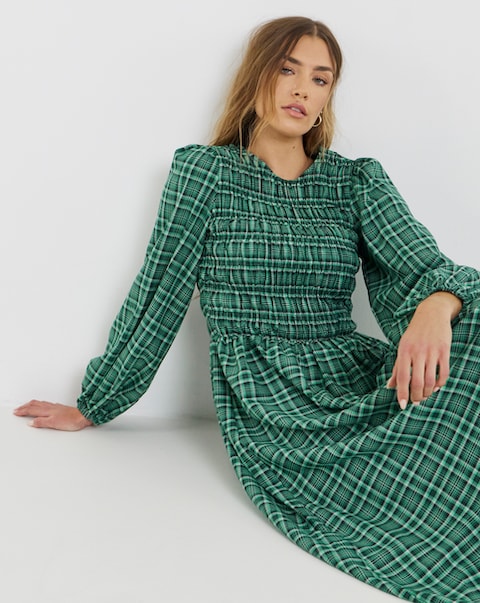 Shirred Check Midi Dress
