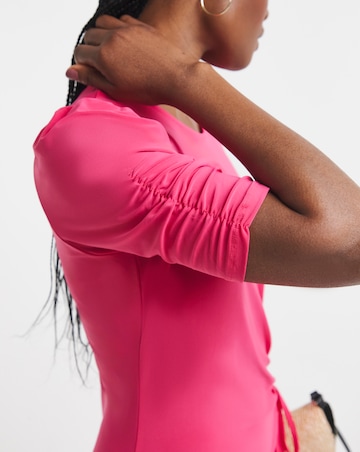 Pink Ruched Sleeve Midi Dress