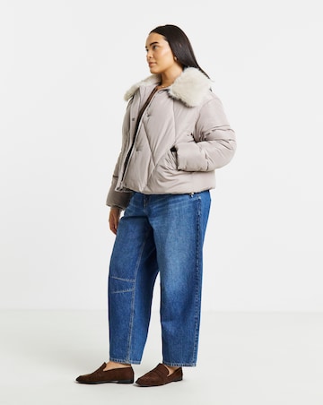 Faux Fur Collar Taupe Short Padded Coat