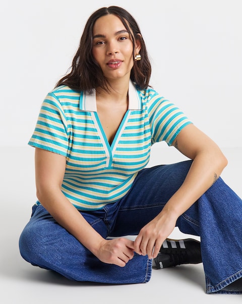 Blue Stripe Polo Collar Cap Sleeve Top