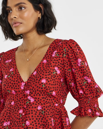 Simply Be Red Cherry Print Shirred Sleeve Tea Blouse