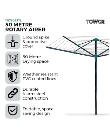 Tower 50m Rotary Airer with Cover and Ground Spike