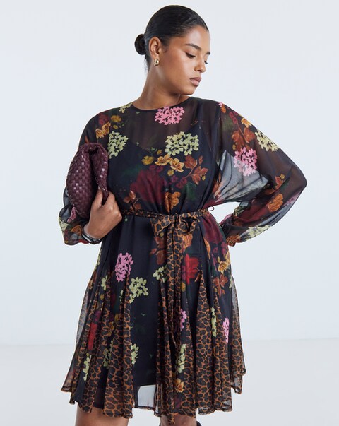 Simply Be Mixed Print Long Sleeve Godet Skater Dress