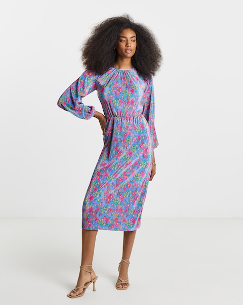 Floral Print Cut Out Back Plisse Midi Dress