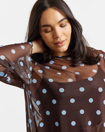 Simply Be Blue And Brown Spot Mesh Long Sleeve Asymmetrical Longline Top