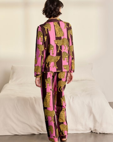 Chelsea Peers Classic Cotton Long Sleeve Button Up Stripe Leopard Pyjama Set