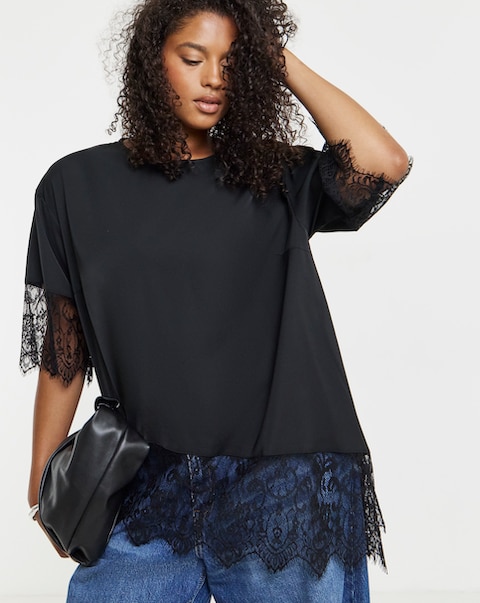 Simply Be Black Lace Trim Boxy Top