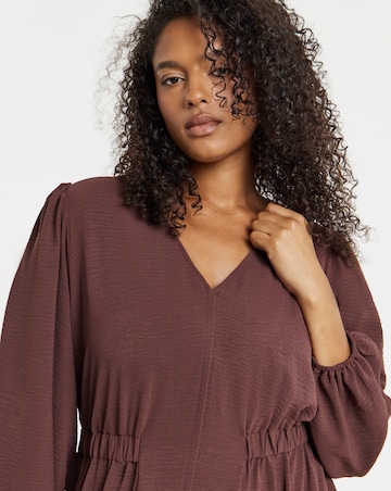 Burgundy Cinched Waist Midi Dress With Pockets