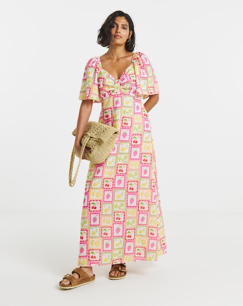 Twisted Wunder Linen Postcard Print Maxi Dress