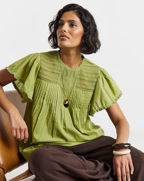 Olive Angel Sleeve Lace Insert Blouse