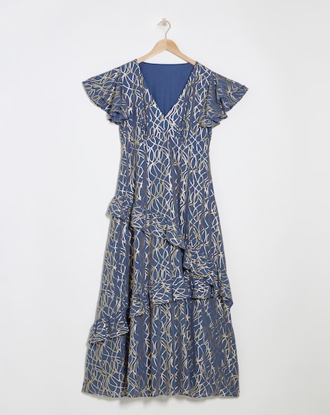 Lovedrobe V-Neck Flutter Sleeve Ruffle Detail Midaxi Dress