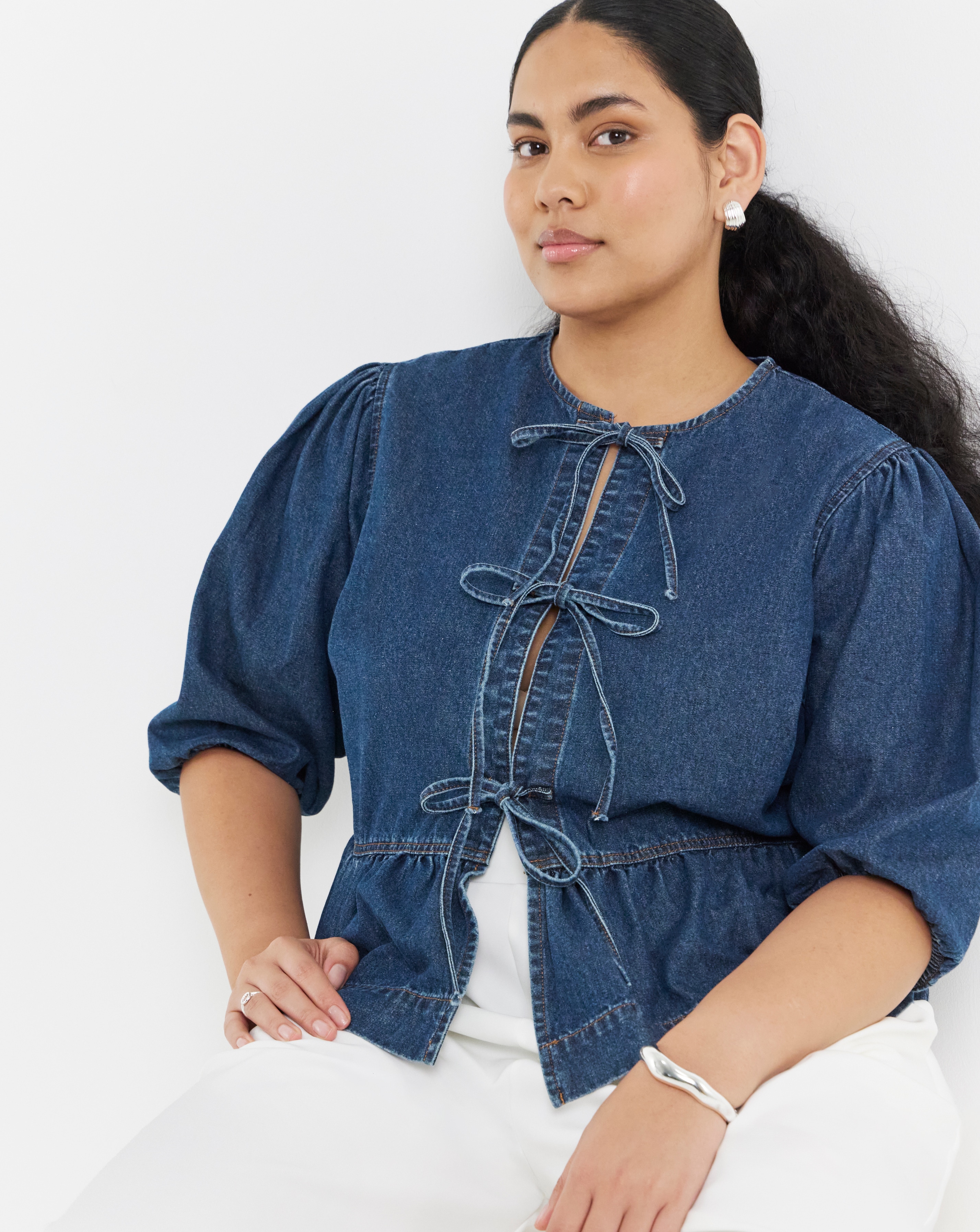 Simply Be Dark Blue Tie Front Denim Peplum Blouse | Simply Be