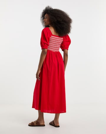 Red Shirred Dress