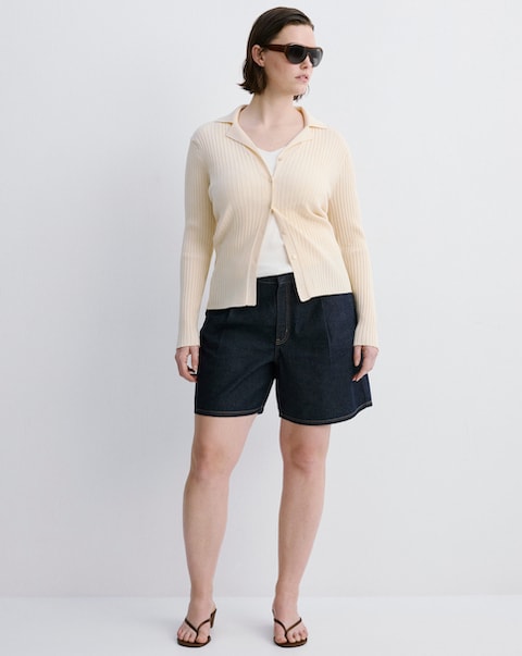 Mango Mid- Rise Denim Bermuda Shorts With Pleats