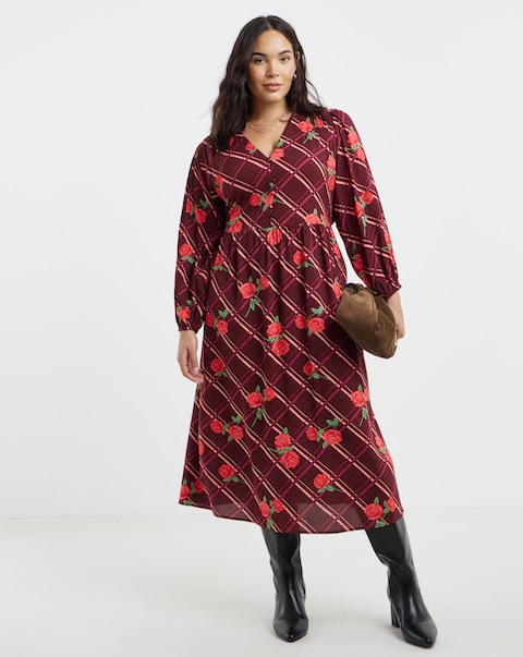 Simply Be Burgundy Floral Button Through Midi Dress