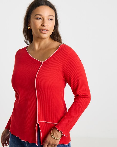 Simply Be Red Lettuce Edge Long Sleeve Top