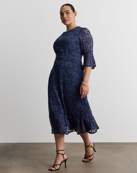 Joanna Hope Fluted Sleeve Stretch Lace Midi Dress
