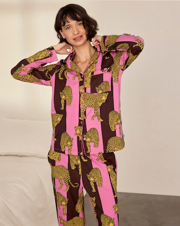 Chelsea Peers Classic Cotton Long Sleeve Button Up Stripe Leopard Pyjama Set