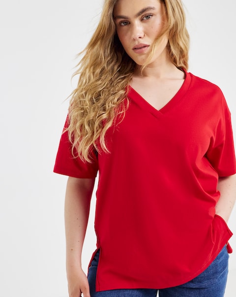 Simply Be Red Slouchy V Neck T-Shirt