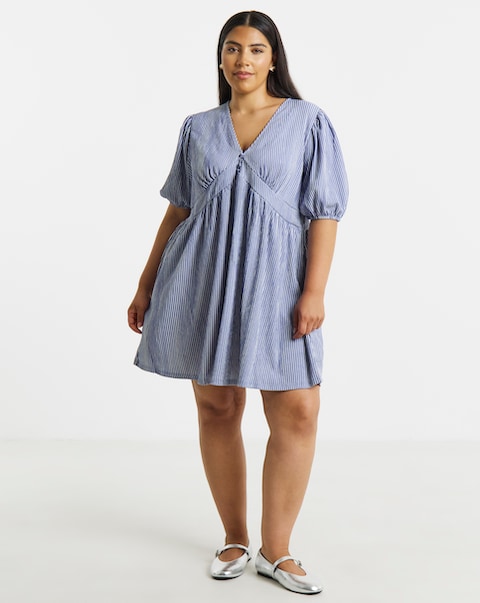 Blue Stripe Waffle Waist Detail Skater Dress