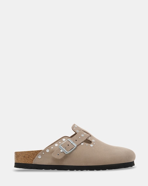 Birkenstock Boston Taupe Suede Rivet Mules - Standard Fit (D)