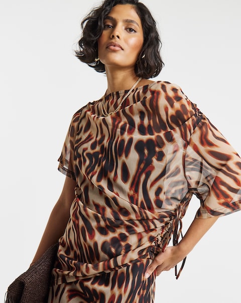 Animal Print Draped Chiffon Top
