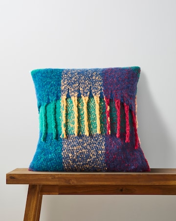 Bright Check Faux Mohair Fringed Cushion