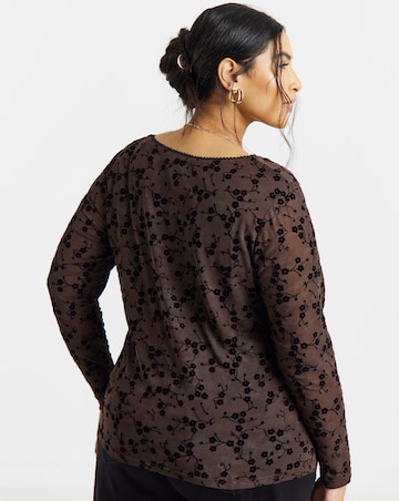 Simply Be Chocolate Floral Flocked Mesh Square Neck Top