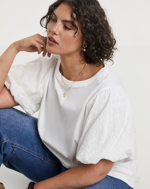Simply Be White Broderie Sleeve Crew Neck T-Shirt
