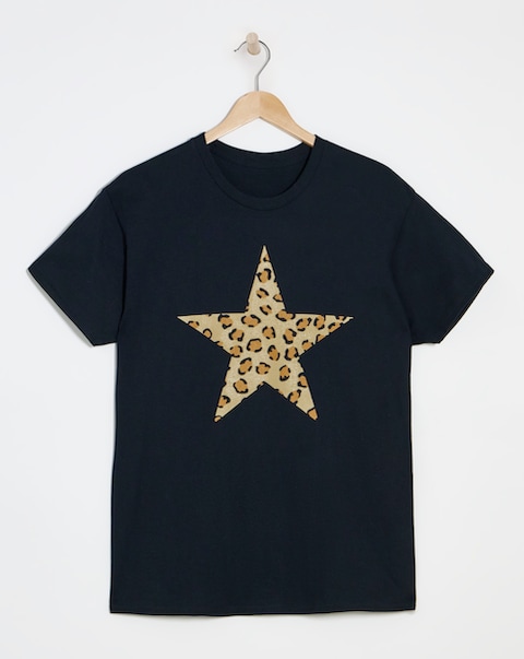 Simply Be Black Leopard Print Star Graphic T-Shirt