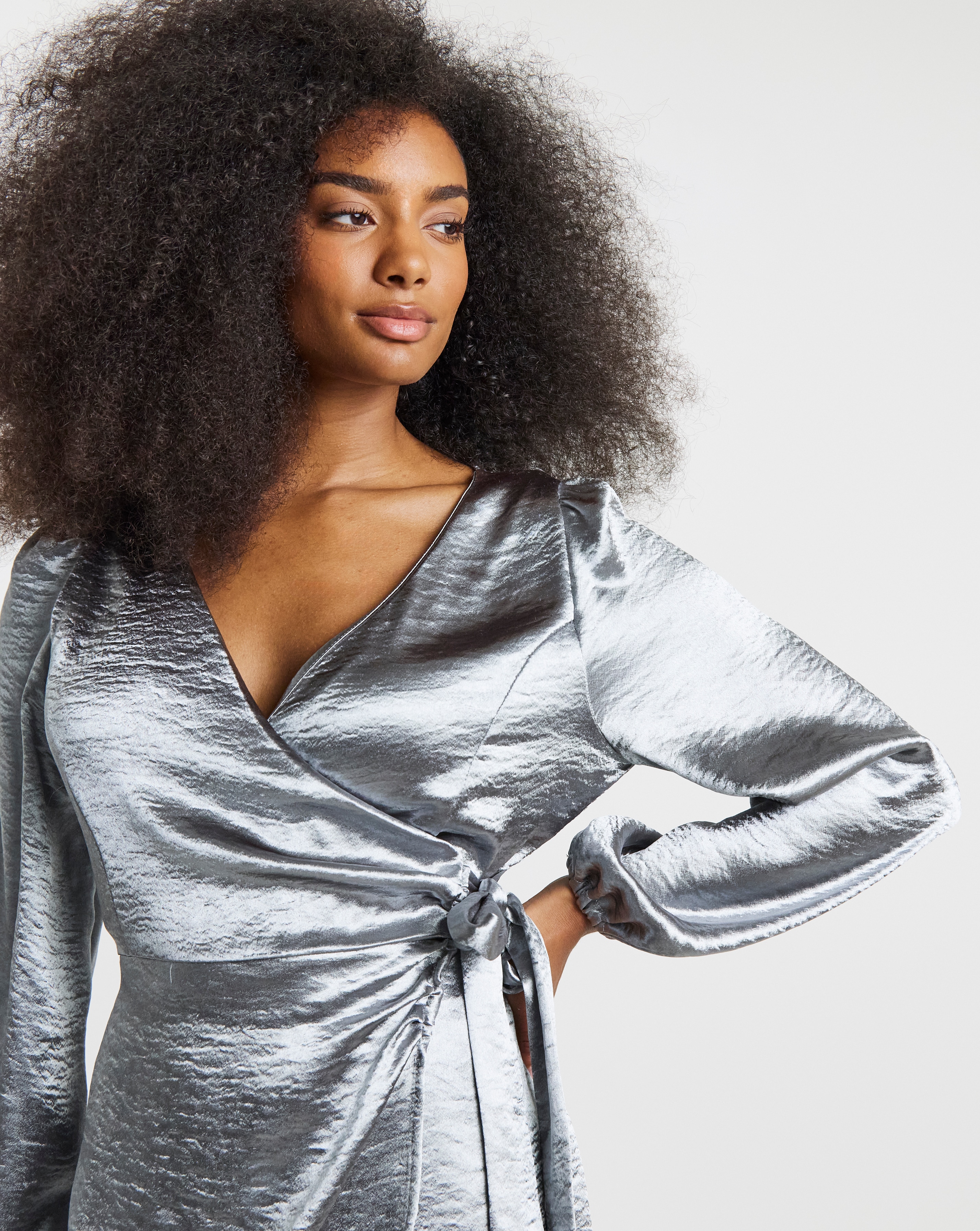 grey satin dress long sleeve Viclans Satin Midi Gray Dress with Puffy Sleeves
