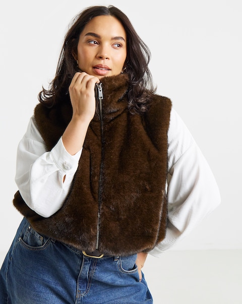 Chocolate Zip Front Faux Fur Gilet