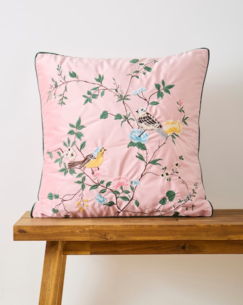 Botanical Birds Embroidered Velvet Cushion