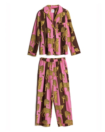 Chelsea Peers Classic Cotton Long Sleeve Button Up Stripe Leopard Pyjama Set