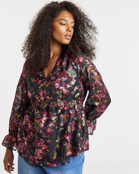 Foil Floral Print V-Neck Blouse - Black